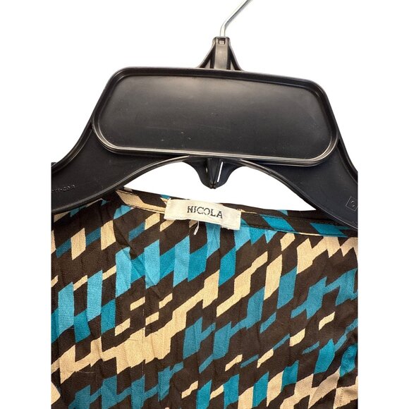 Nicola Women's Sheer Blouse Medium Black Blue Geometric Top Retro Career - Picture 3 of 7